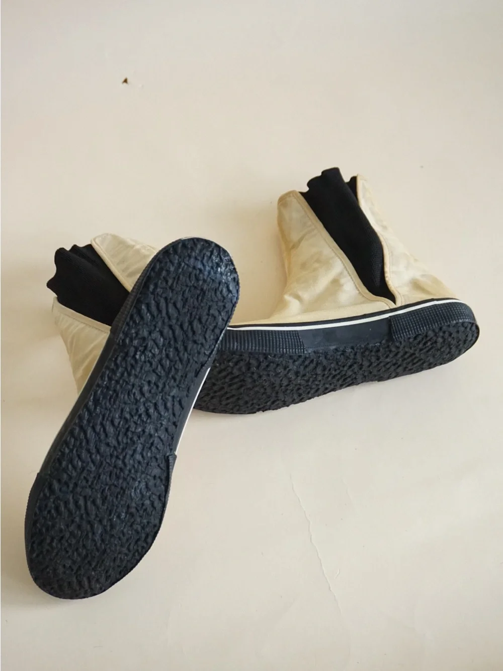 Vintage Chanel Ivory Cotton / Black Rubber Ankle Booties - Size 39 AS IS
